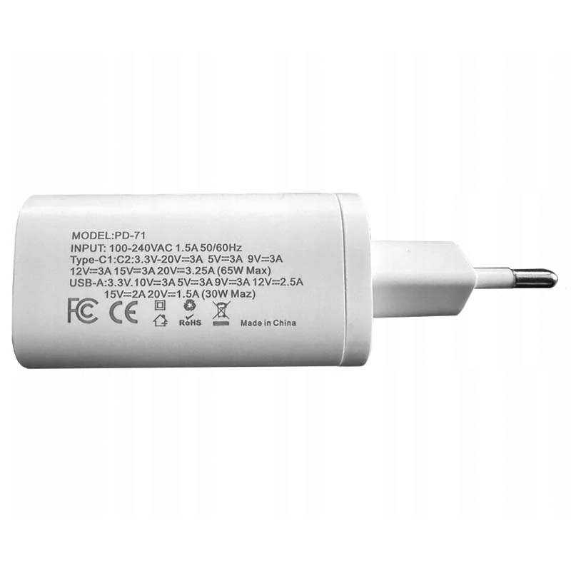 Rýchla sieťová nabíjačka 65W USB-A + USB-C1 + USB-C2