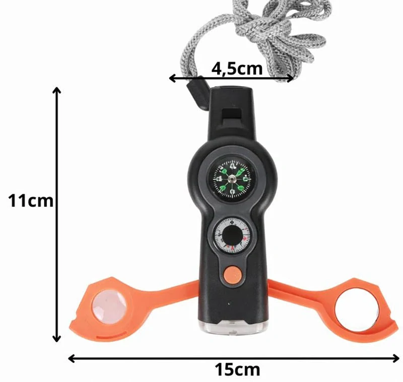 Píšťalka s kompasom, baterkou, lupou, zrkadlom a teplomerom