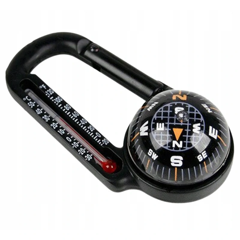 Kompas s karabínou a teplomerom