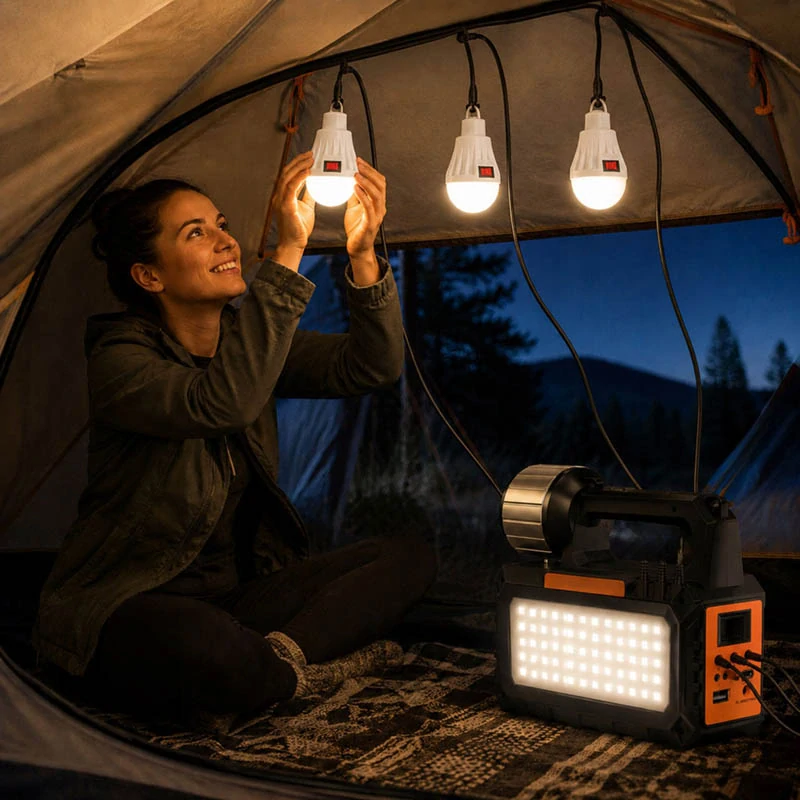 Solárna kempingová lampa LED s rádiom, Bluetooth a 3 žiarovkami