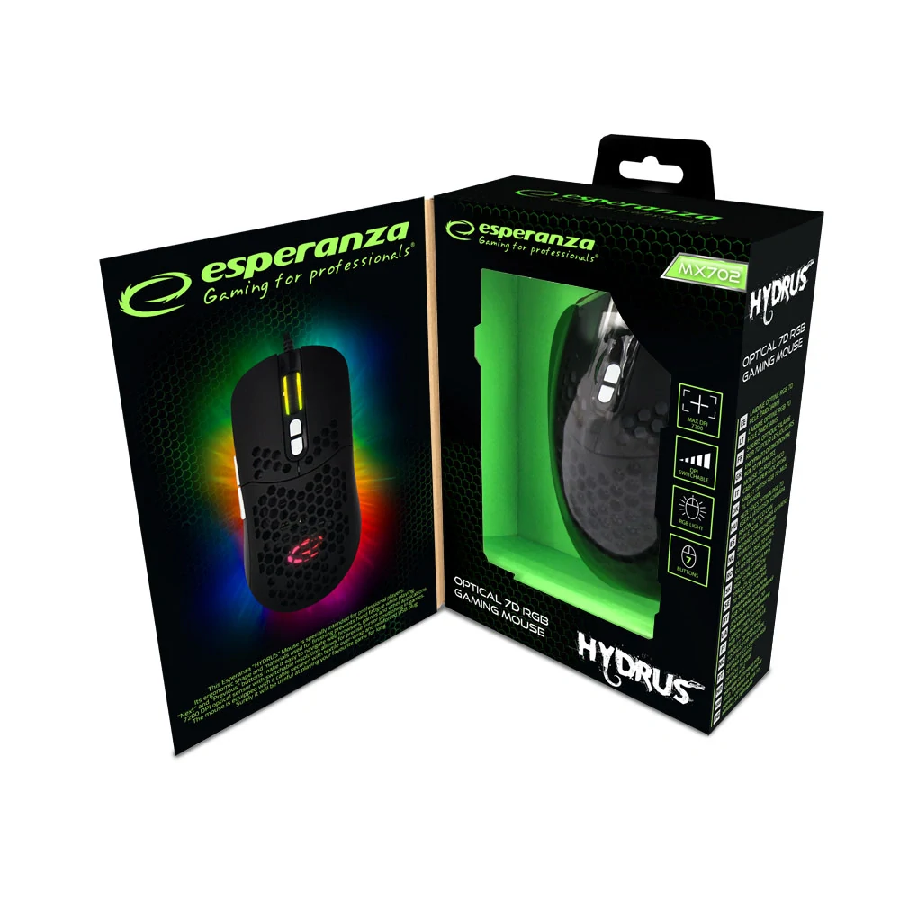 Herná optická myš Esperanza HYDRUS s RGB podsvietením a 7200 DPI