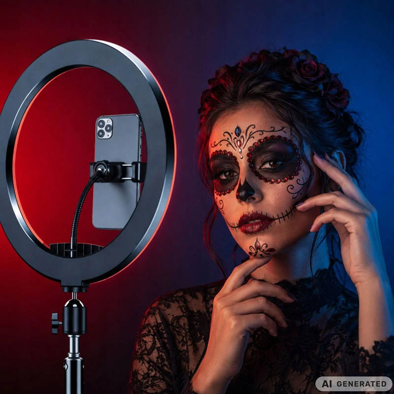 RGB LED kruhová lampa 34 cm s držiakom na telefón a USB napájaním