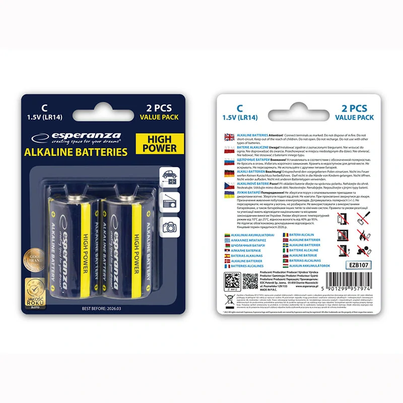 Alkalické batérie Esperanza C LR14 1,5 V – 2 ks