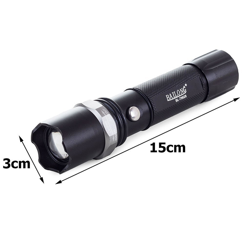 LED baterka Bailong s nabíjaním, zoomom a signalizačným prekrytím