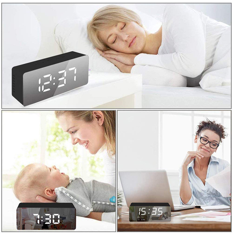 Budík s teplomerom a zrkadlom LED čierny 4v1