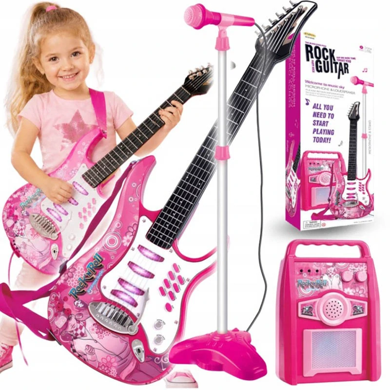 Detská elektrická gitara s mikrofónom a zosilňovačom ružová