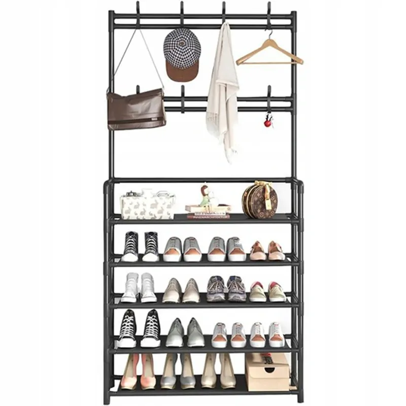 Kovový regál na topánky s vešiakmi čierny 168 x 60 x 26cm