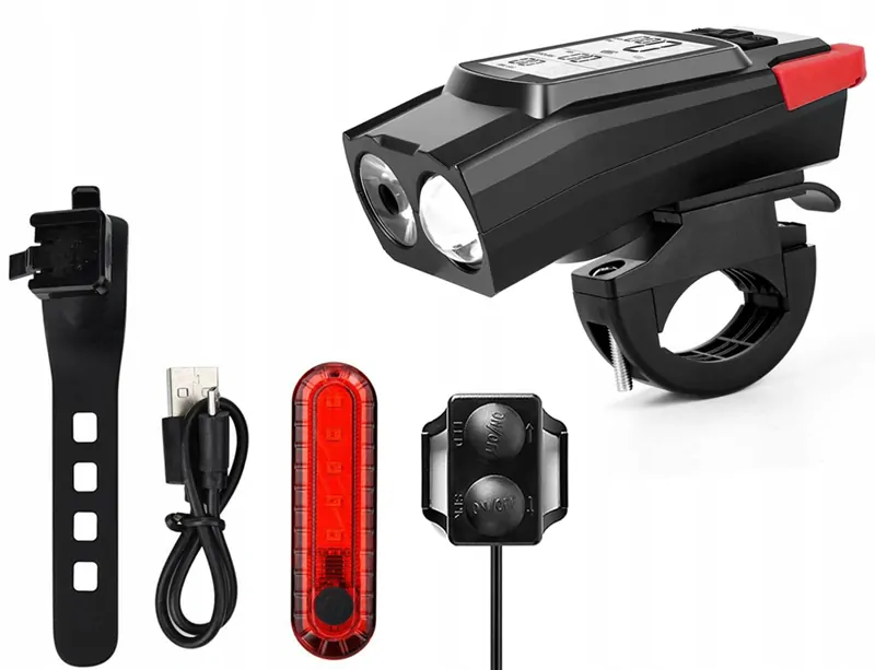 Cyklistická sada - predné a zadné svetlo, zvonček, cyklopočítač červené