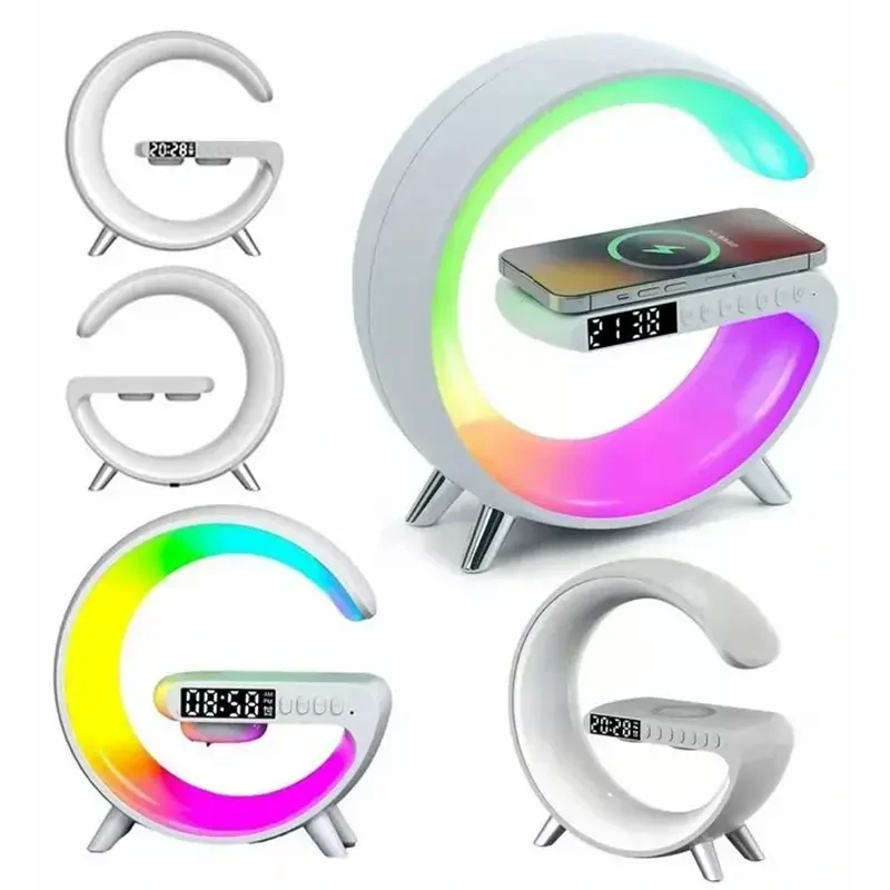 Indukčná nabíjačka Qi s lampou, hodinami a bluetooth reproduktorom