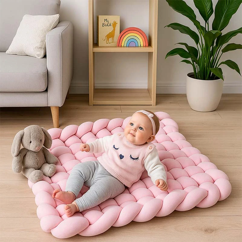 Velúrová pletená podložka LULANDO 75 × 75 × 8 cm – ružová