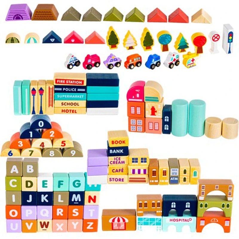 Detské drevené kocky Mesto 115 dielov s puzzle podložkou