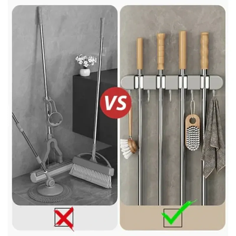 Nástenný držiak na metly a mopy s háčikmi