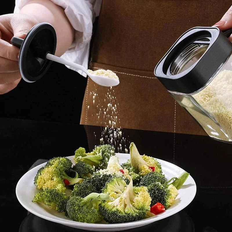 Sada sklenených koreničiek na podstavci s dávkovacími lyžičkami