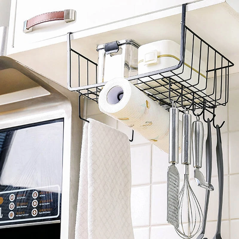 Závesný kovový košík pod skrinku s háčikmi čierny