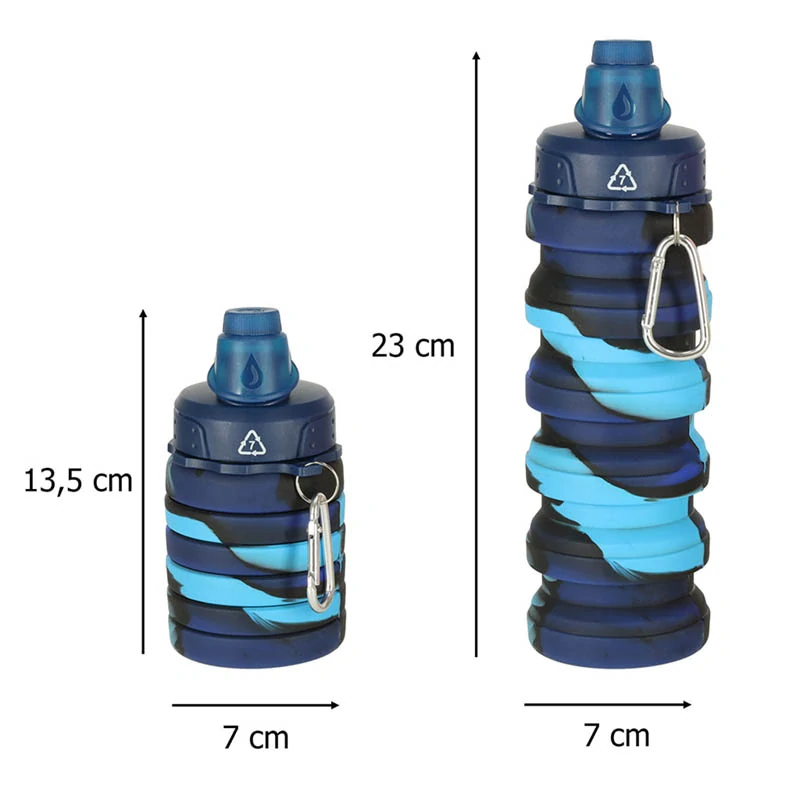Silikónová skladacia fľaša na vodu s karabínkou 500 ml modrá