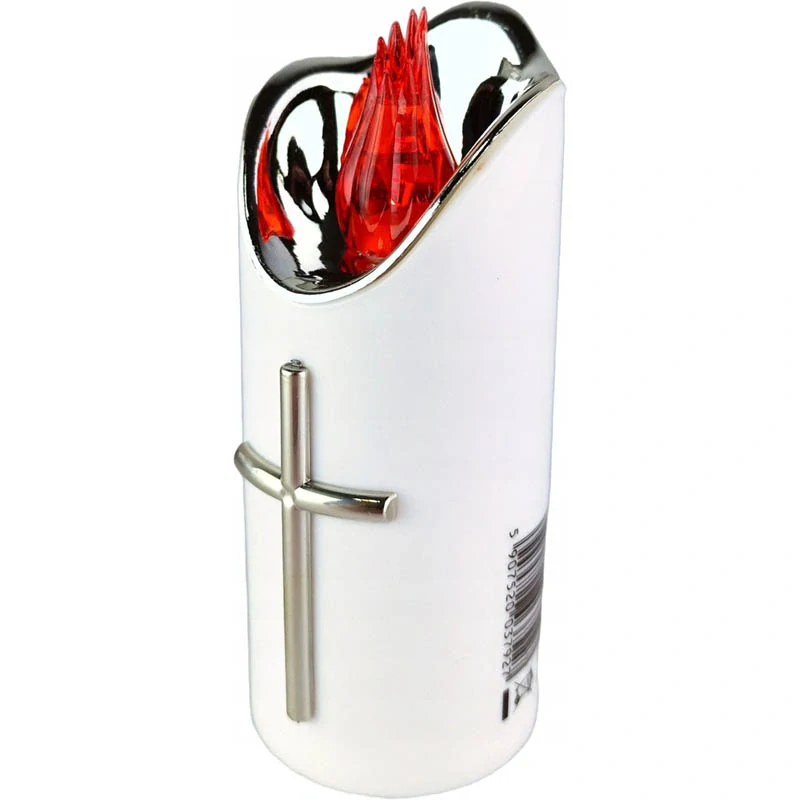 LED dekoratívna sviečka RICO 12,5 cm na batérie – červené svetlo, bielo-strieborno-červený dizajn