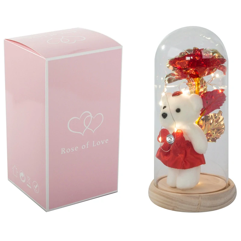 LED ruža v skle svietiaca s medvedíkom