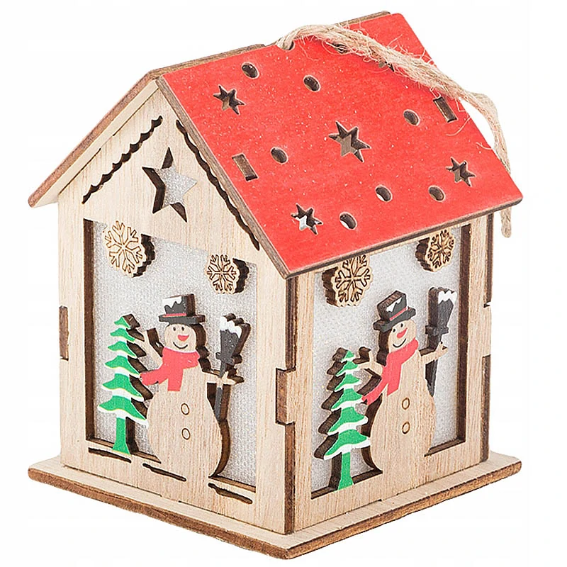 Drevený visiaci LED lampáš na stromček so snehuliakom