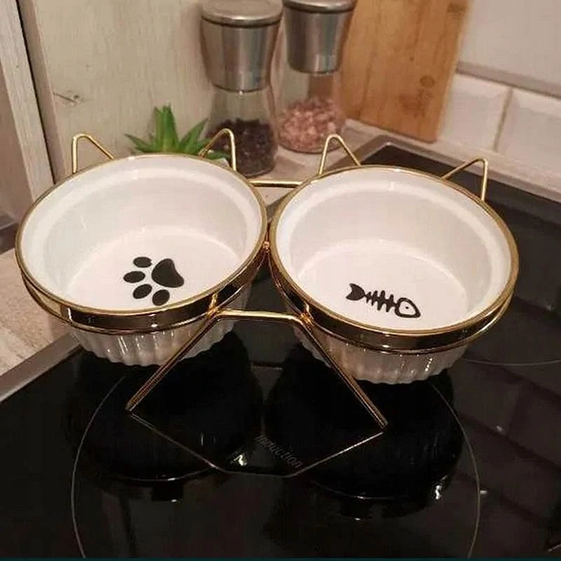 Keramické misky pre mačku alebo malého psa na stojane – 2× 300 ml bielo-zlaté