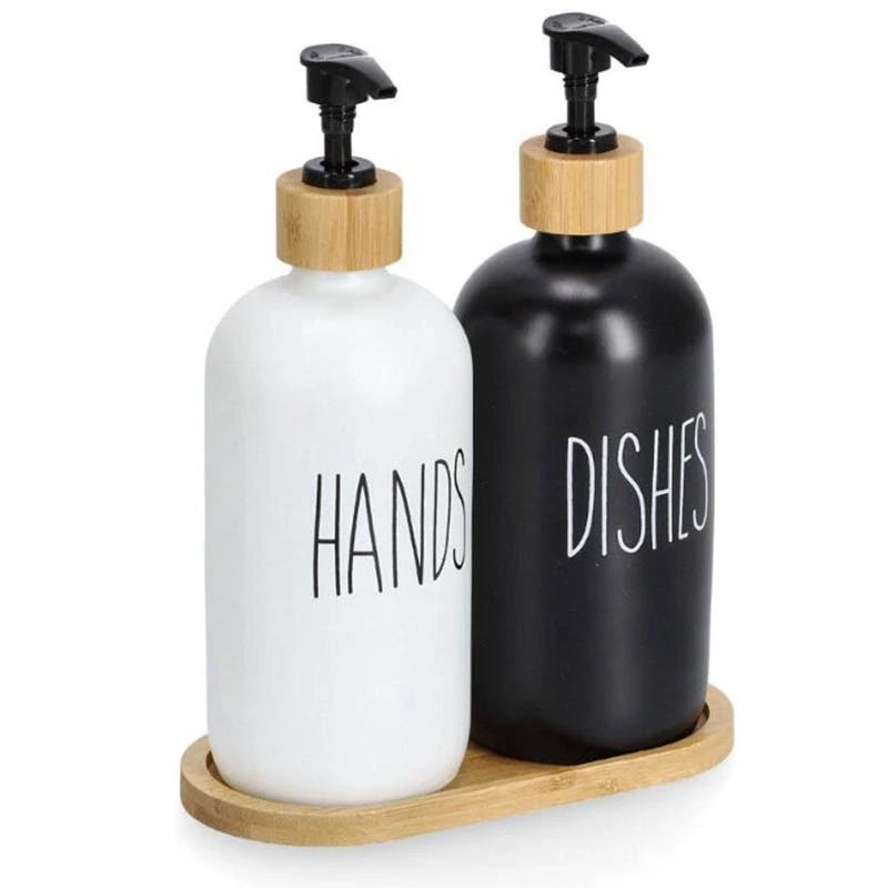 Kuchynské sklenené dávkovače na mydlo a čistiaci prostriedok s bambusovou táckou