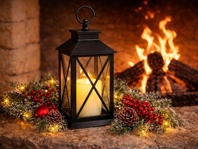 Dekoratívny LED lampáš s elektrickou sviečkou na batérie čierny