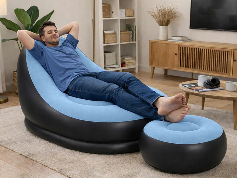 Nafukovacie záhradné kreslo s podnožkou modré