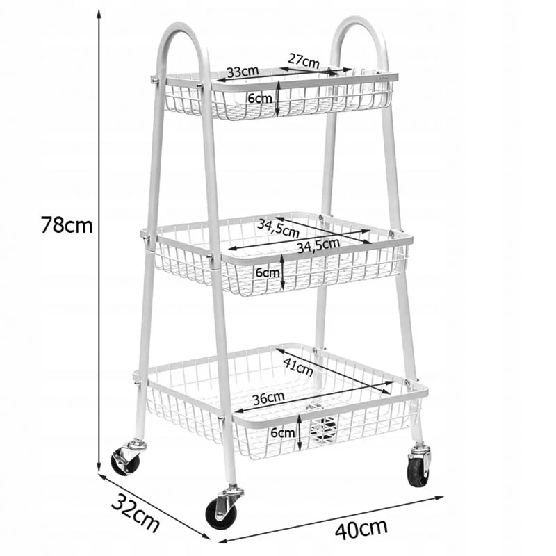 Kovový regál na kolieskach s tromi policami 78 cm biely