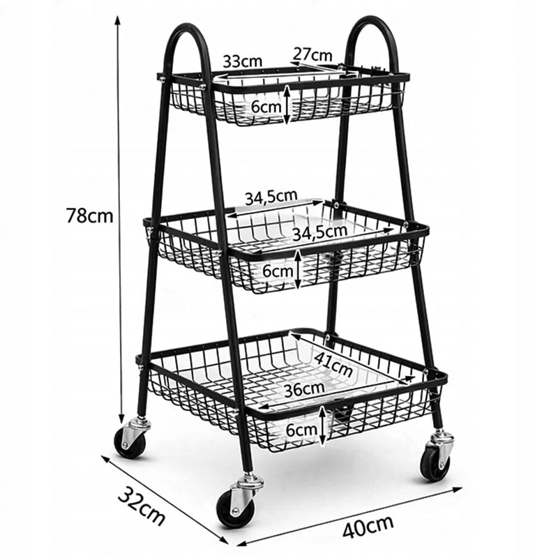 Kovový regál na kolieskach s tromi policami 78 cm čierny