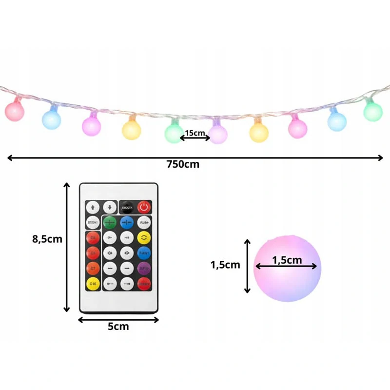 RGB svetelná reťaz 50 LED 7,5 m USB