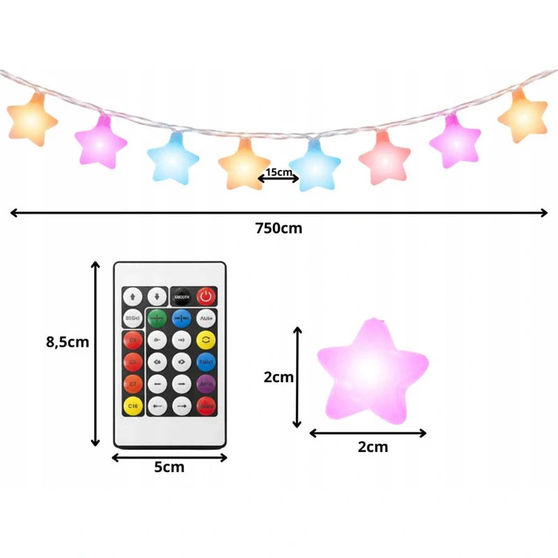 RGB svetelná reťaz 50 LED 7,5 m hviezdičky