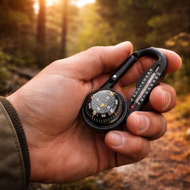 Kompas s karabínou a teplomerom