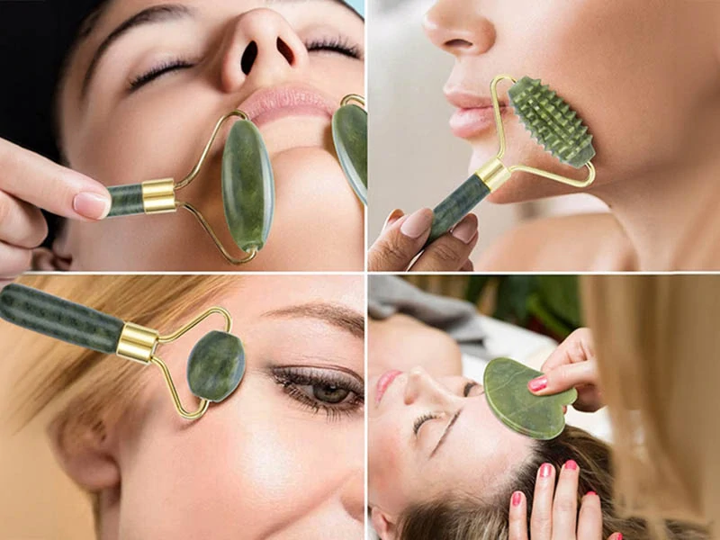 Masážny set na tvár z jadeitu 3v1 zelený