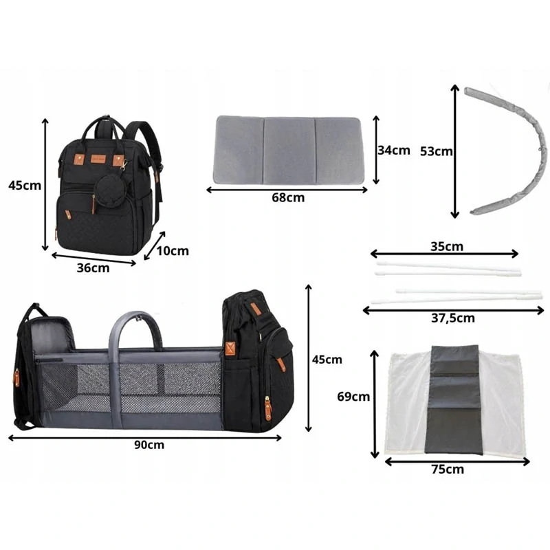 Multifunkčný batoh pre mamičku s postieľkou a USB čierny