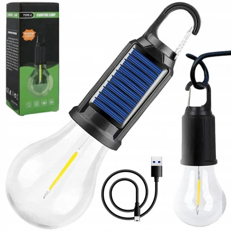Solárna závesná LED lampa s háčikom a USB-C nabíjaním