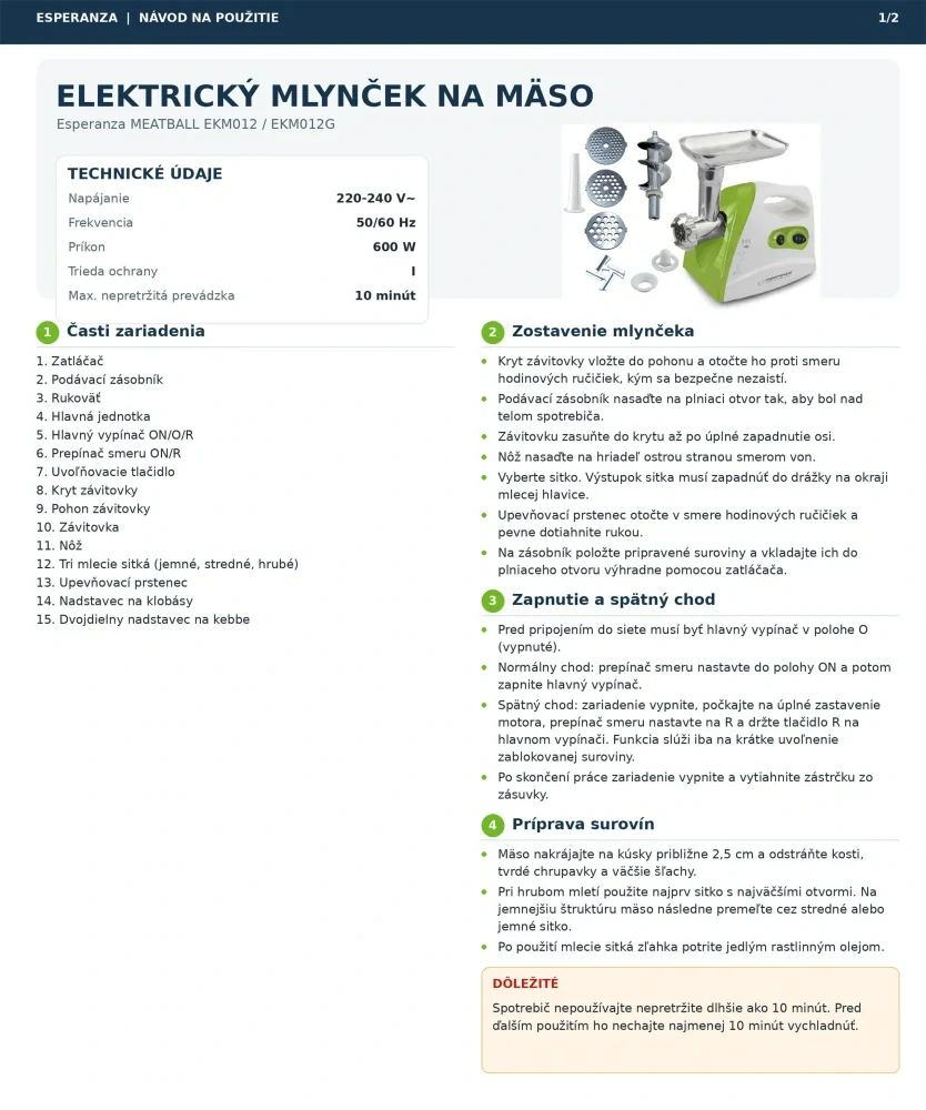 Elektrický mlynček na mäso Esperanza MEATBALL sivý 600 W