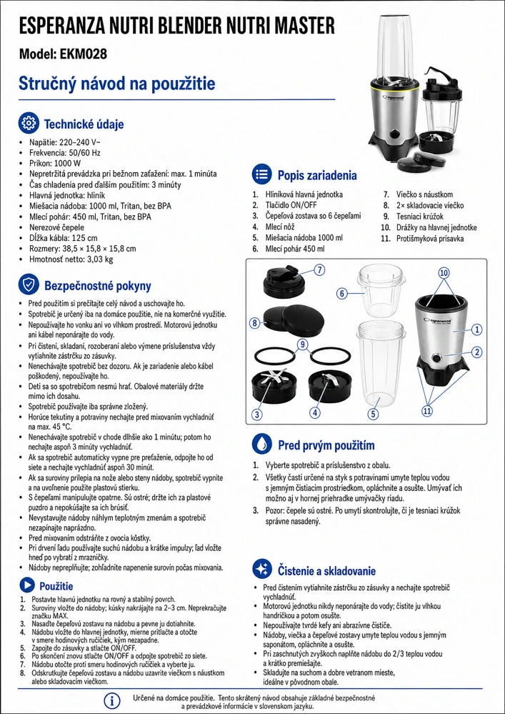 Multifunkčný mixér Esperanza NUTRI MASTER 1000 W