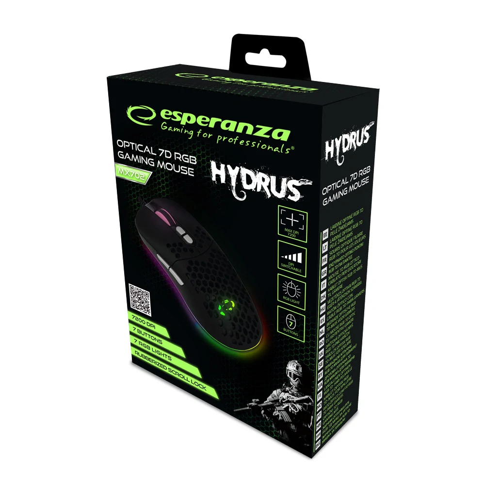 Herná optická myš Esperanza HYDRUS s RGB podsvietením a 7200 DPI