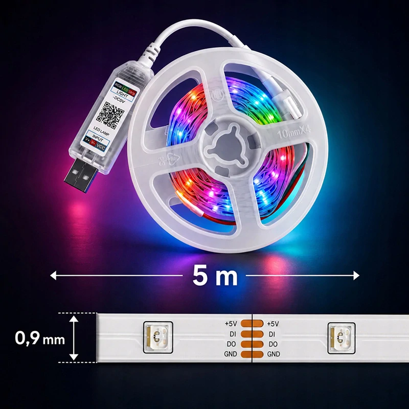 RGB IC LED pás 5 m s Bluetooth, aplikáciou a diaľkovým ovládaním