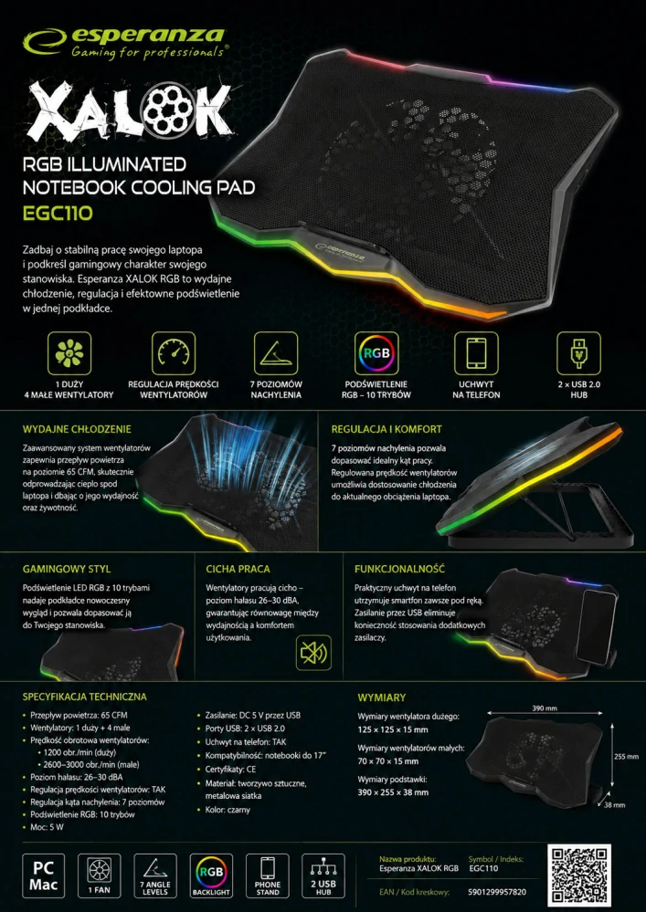 Chladiaca podložka pod notebook Esperanza XALOK RGB