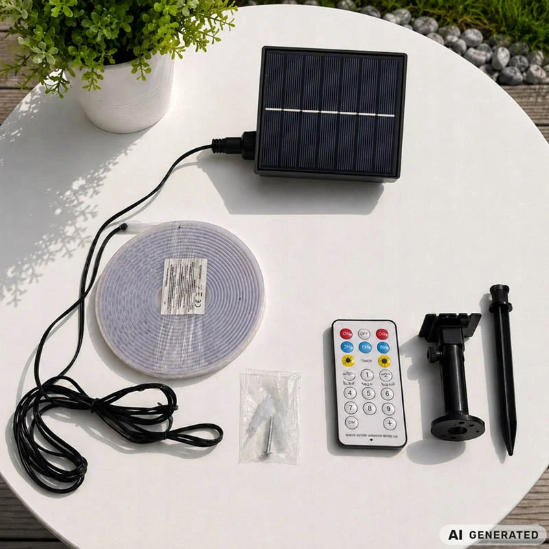 Solárny RGB LED pás 5 m IP65 s diaľkovým ovládaním a časovačom