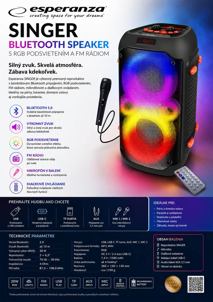 Bluetooth karaoke reproduktor Esperanza SINGER s RGB podsvietením