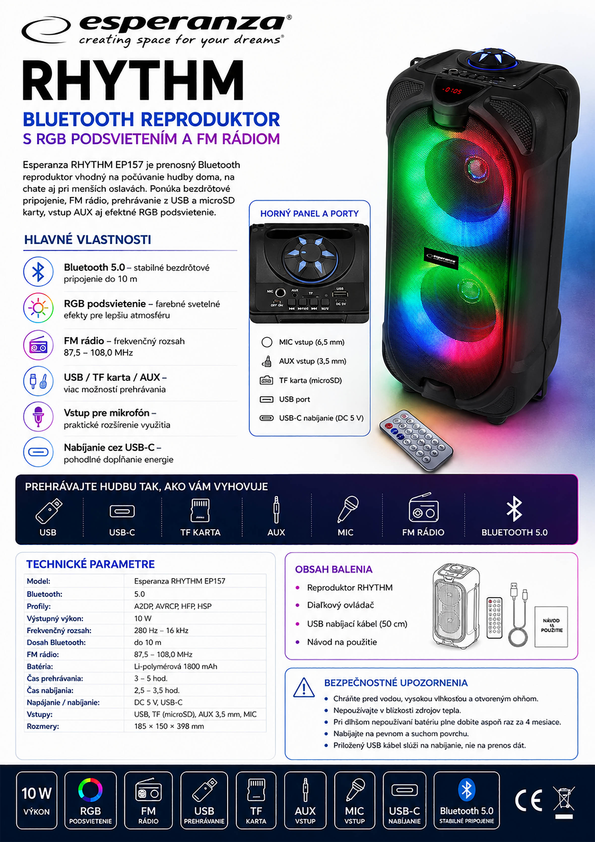 Bluetooth reproduktor Esperanza RHYTHM 10 W s RGB podsvietením