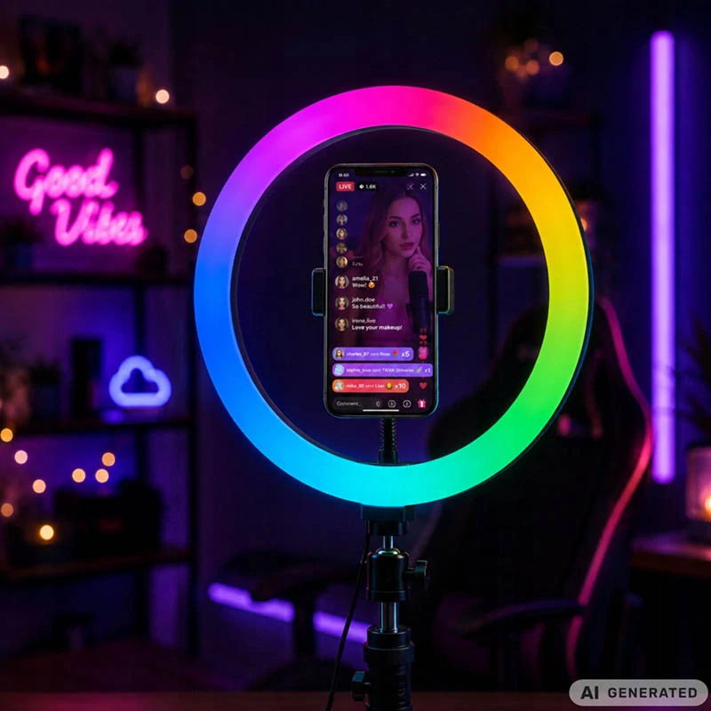 RGB LED kruhová lampa 34 cm s držiakom na telefón a USB napájaním