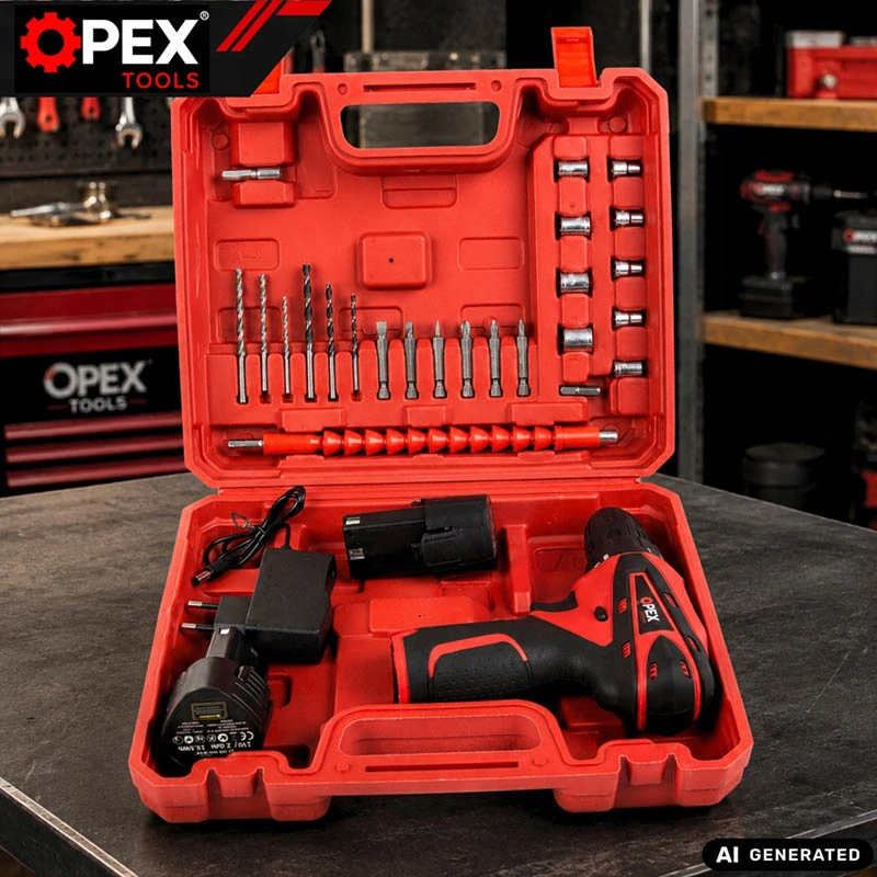 Aku vŕtačka a skrutkovač Opex 12 V s 2 batériami, príslušenstvom a kufríkom