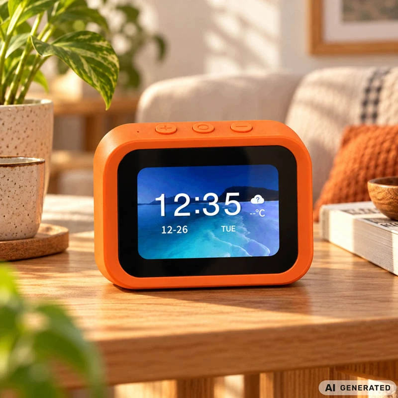 Inteligentný AI budík s dotykovým displejom, Bluetooth a reproduktorom oranžový