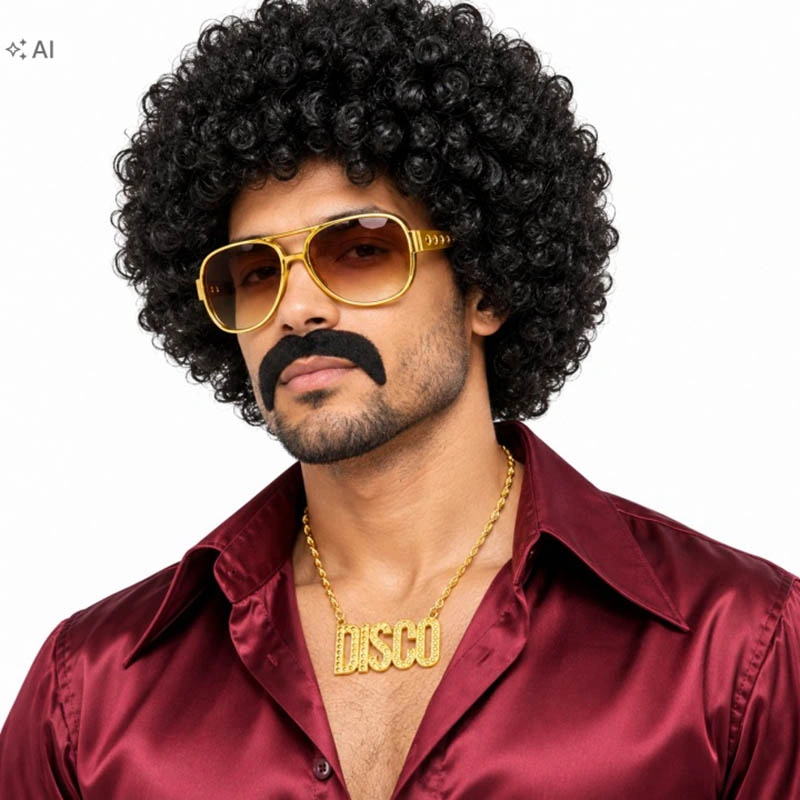 Karnevalový set DISCO – čierna afro parochňa, okuliare, fúzy a retiazka