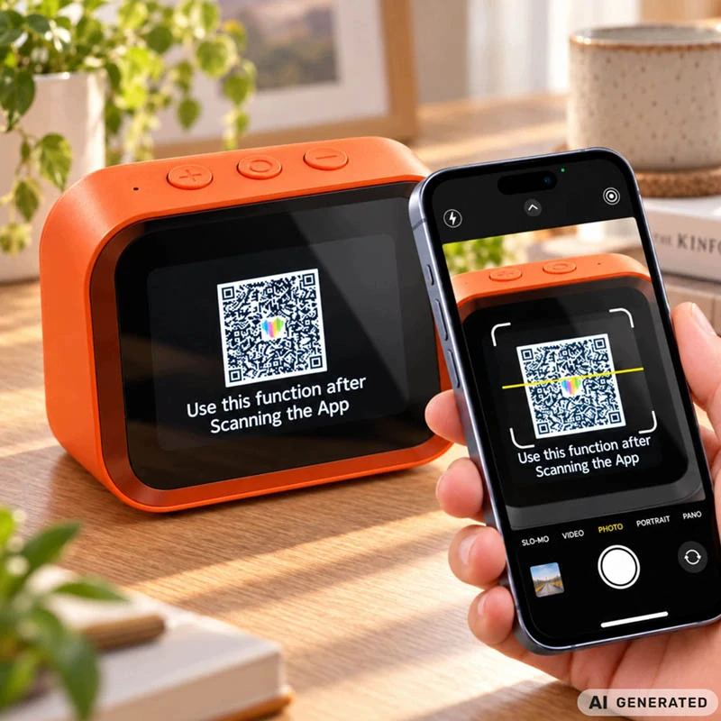 Inteligentný AI budík s dotykovým displejom, Bluetooth a reproduktorom oranžový