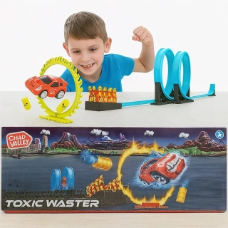 Pretekárska dráha Toxic Waster s dvojitým loopingom a autíčkom – modrá, 61 × 23 × 6 cm
