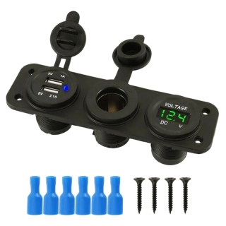 Montážny zapaľovač 12V s dvomi USB 5V portami a vstavaným voltmetrom