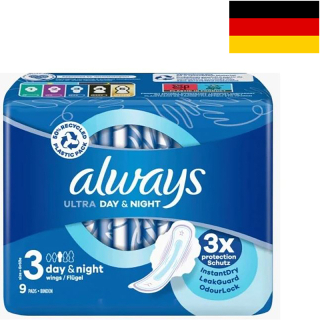 Always - Dámske hygienické vložky s krídelkami Day & Night Ultra 9ks